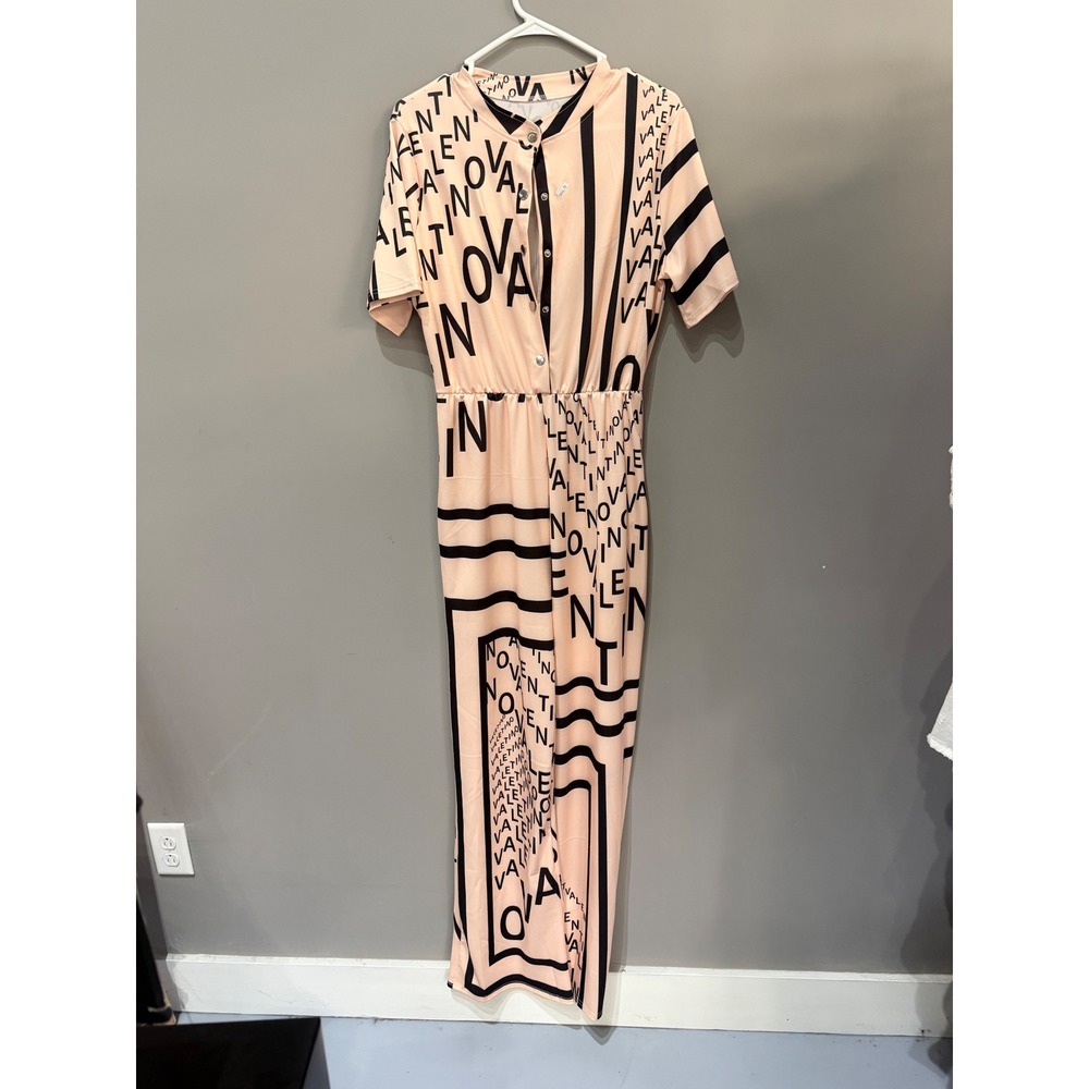 Fashion Nova Peach Pink Black Graphic Print Short Sleeve Wide Leg Jumpsuit Large